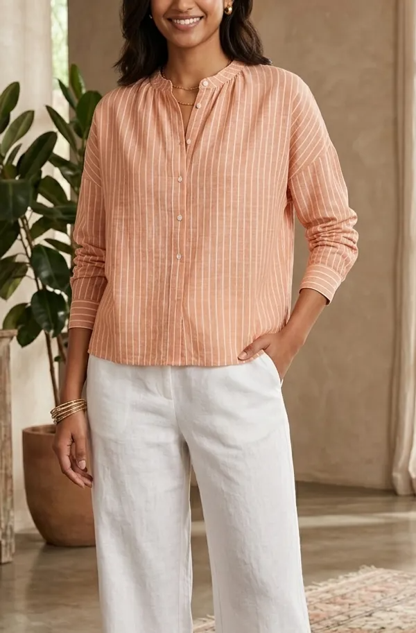 Women's Pastel Striped Cotton Shirt with Mandarin Collar and Button-Down Front