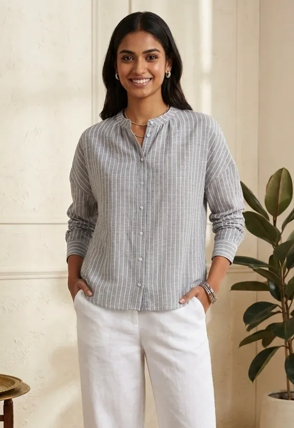 Women's Pastel Striped Cotton Shirt with Mandarin Collar and Button-Down Front