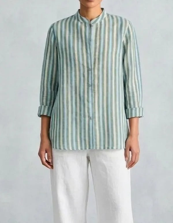 Women's Pastel Striped Cotton Shirt with Mandarin Collar and Button-Down Front