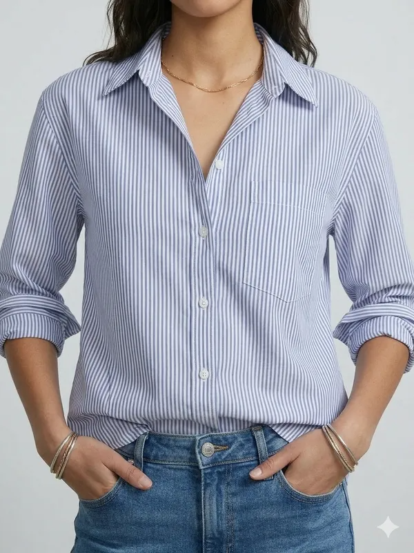 Women's Classic Blue, Grey, Blue, and White Fine Striped Button-Down Cotton Shirt