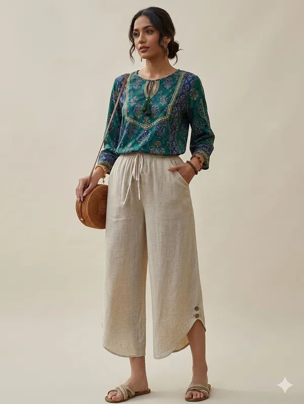 Women's Beige Cotton Wide-Leg Trousers with Curved Hem Detailing