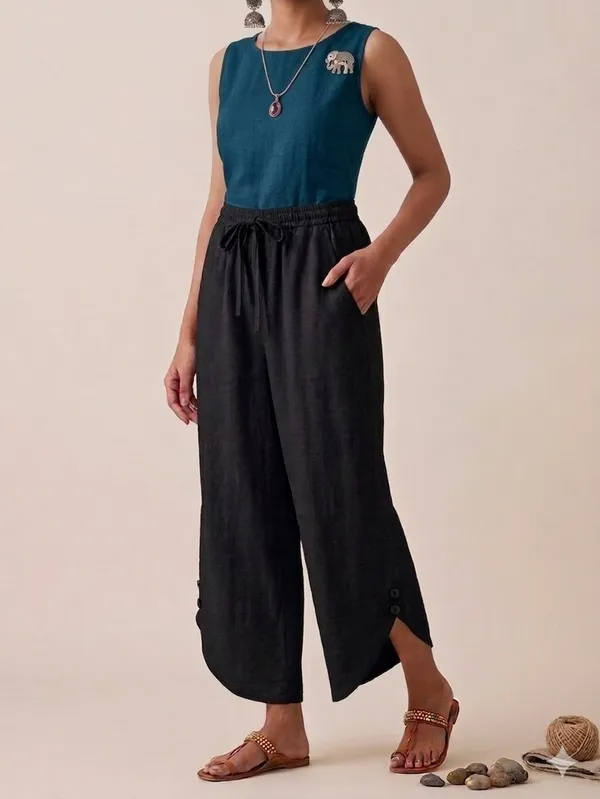 Women's Beige Cotton Wide-Leg Trousers with Curved Hem Detailing