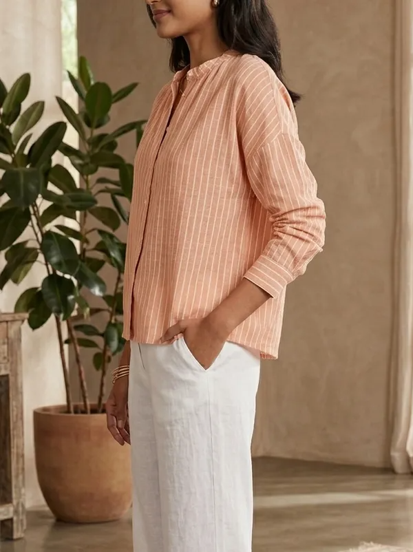 Women's Pastel Striped Cotton Shirt with Mandarin Collar and Button-Down Front