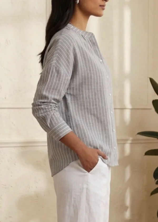 Women's Pastel Striped Cotton Shirt with Mandarin Collar and Button-Down Front
