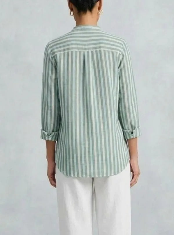Women's Pastel Striped Cotton Shirt with Mandarin Collar and Button-Down Front