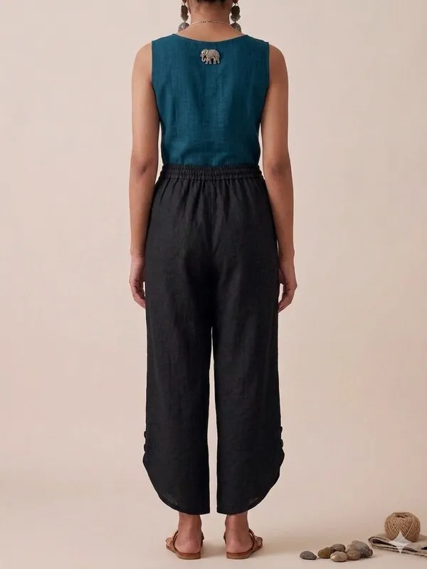 Women's Beige Cotton Wide-Leg Trousers with Curved Hem Detailing