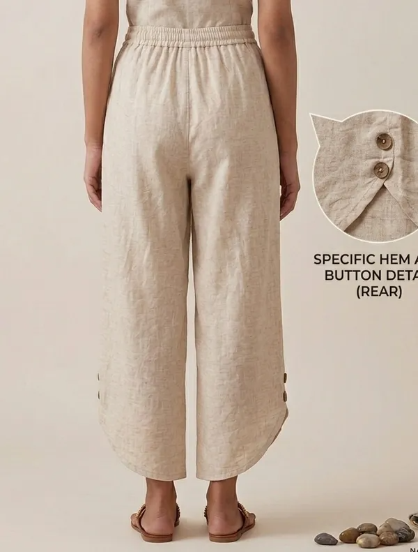 Women's Beige Cotton Wide-Leg Trousers with Curved Hem Detailing