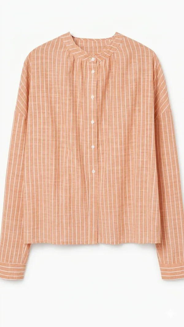 Women's Pastel Striped Cotton Shirt with Mandarin Collar and Button-Down Front