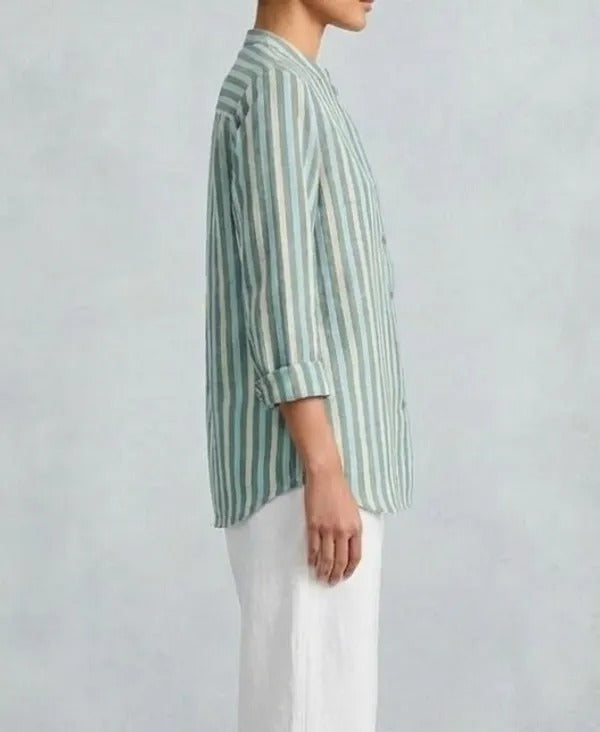 Women's Pastel Striped Cotton Shirt with Mandarin Collar and Button-Down Front