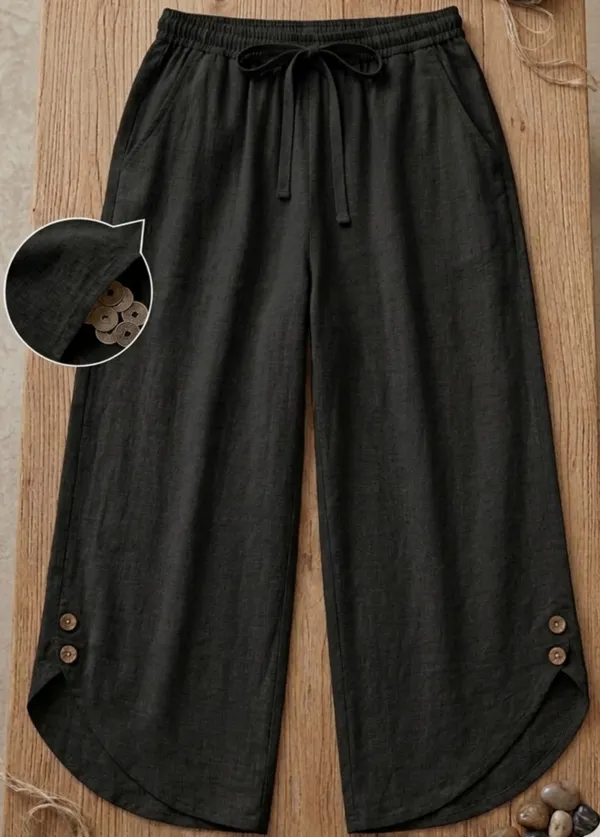 Women's Beige Cotton Wide-Leg Trousers with Curved Hem Detailing