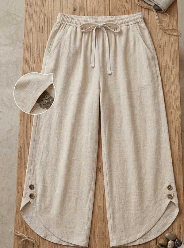 Women's Beige Cotton Wide-Leg Trousers with Curved Hem Detailing