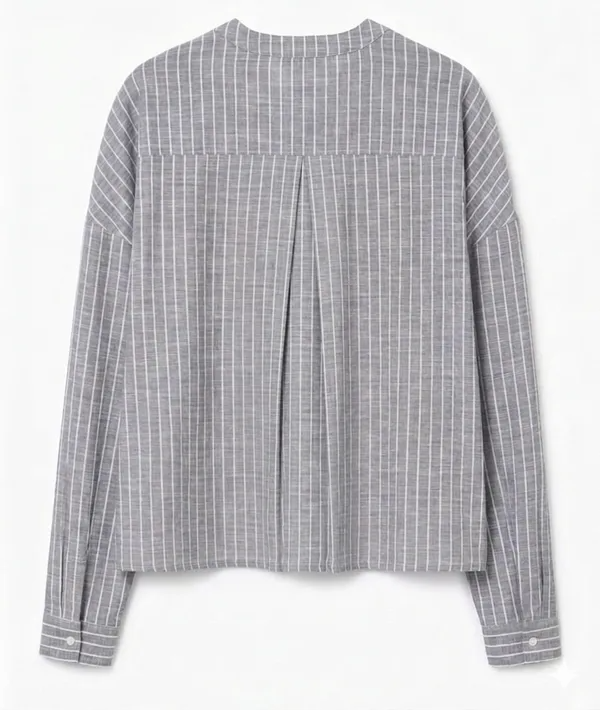 Women's Pastel Striped Cotton Shirt with Mandarin Collar and Button-Down Front