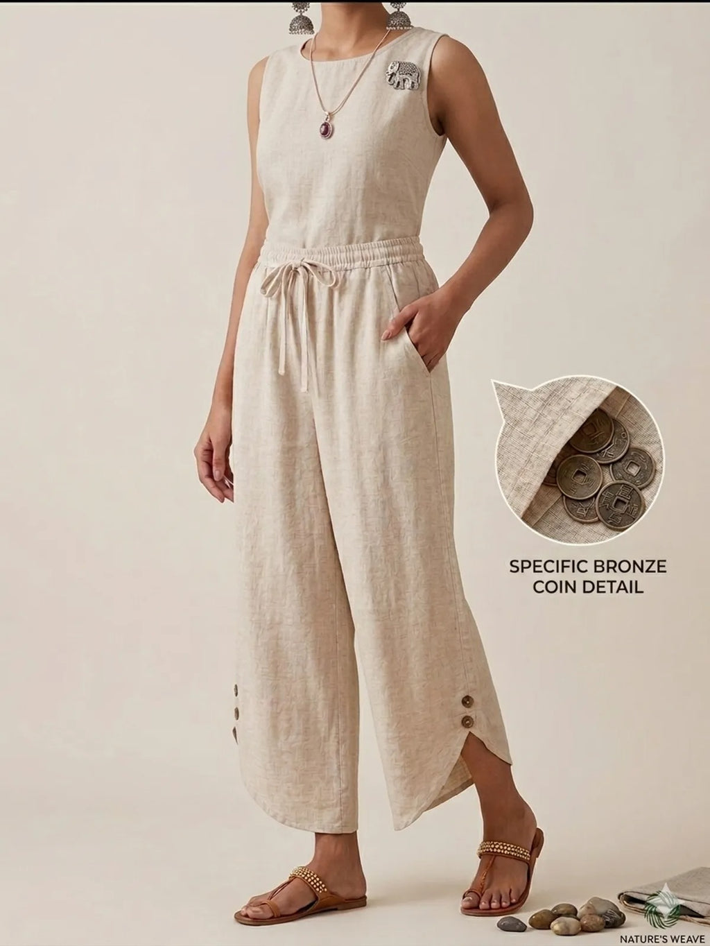 Women's Beige Cotton Wide-Leg Trousers with Curved Hem Detailing