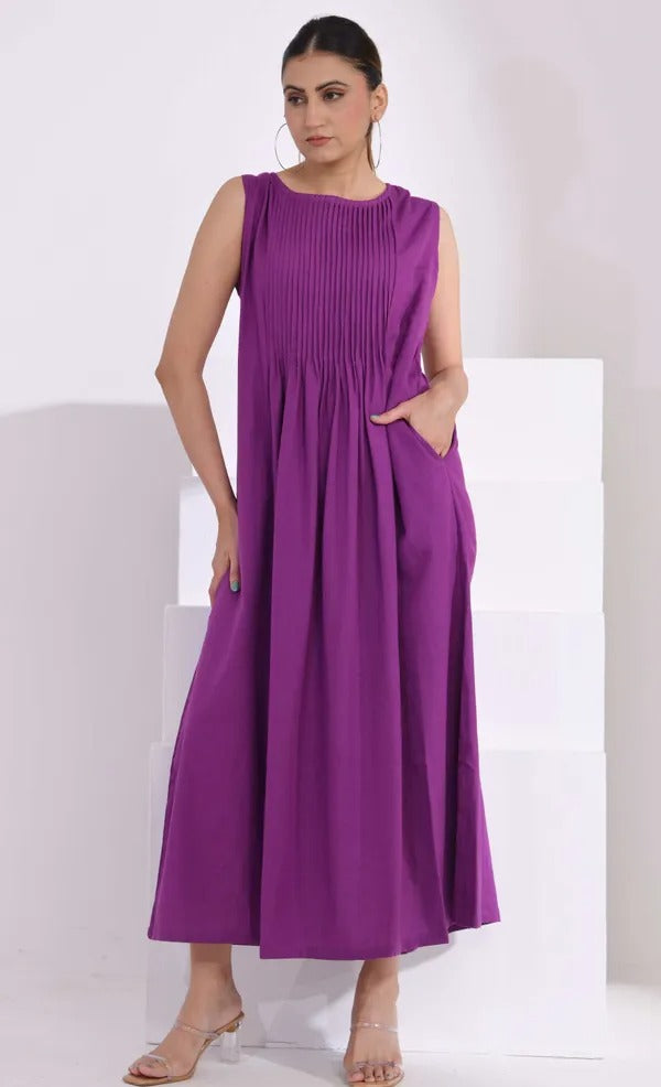 Women Elegant Purple Sleeveless Maxi Dress with Pin-Tuck Detail and Pockets