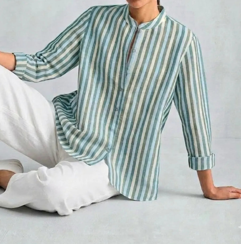Women's Pastel Striped Cotton Shirt with Mandarin Collar and Button-Down Front