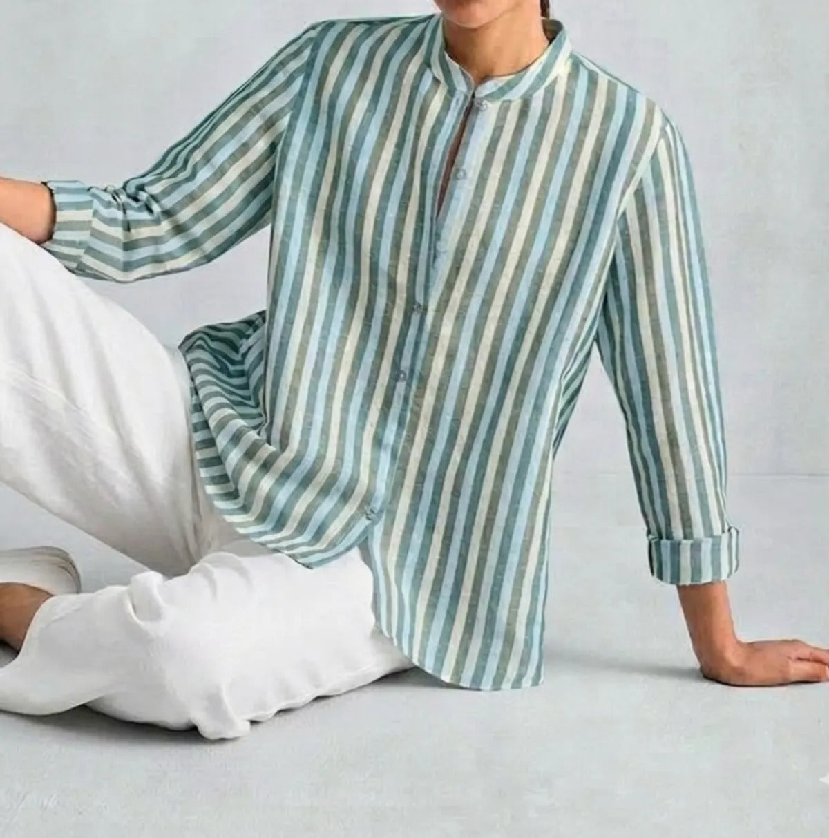 Women's Pastel Striped Cotton Shirt with Mandarin Collar and Button-Down Front