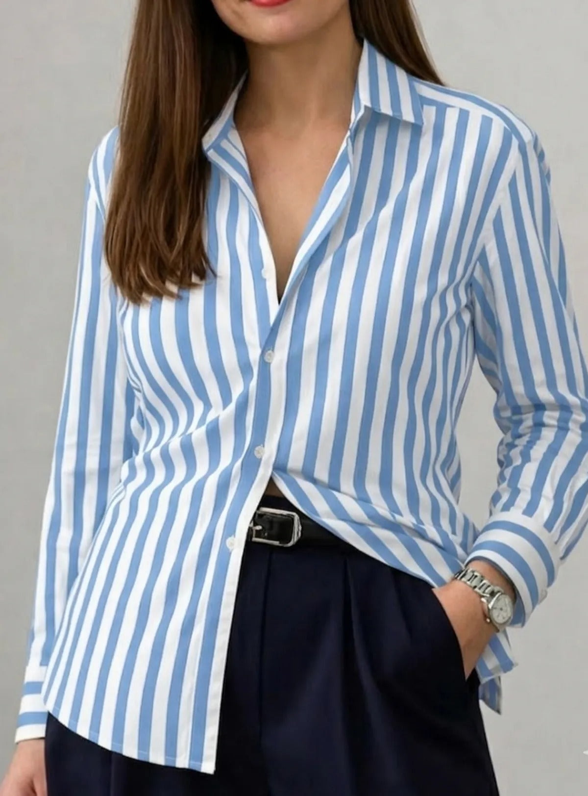 Women's Classic Blue, Grey, Blue, and White Fine Striped Button-Down Cotton Shirt