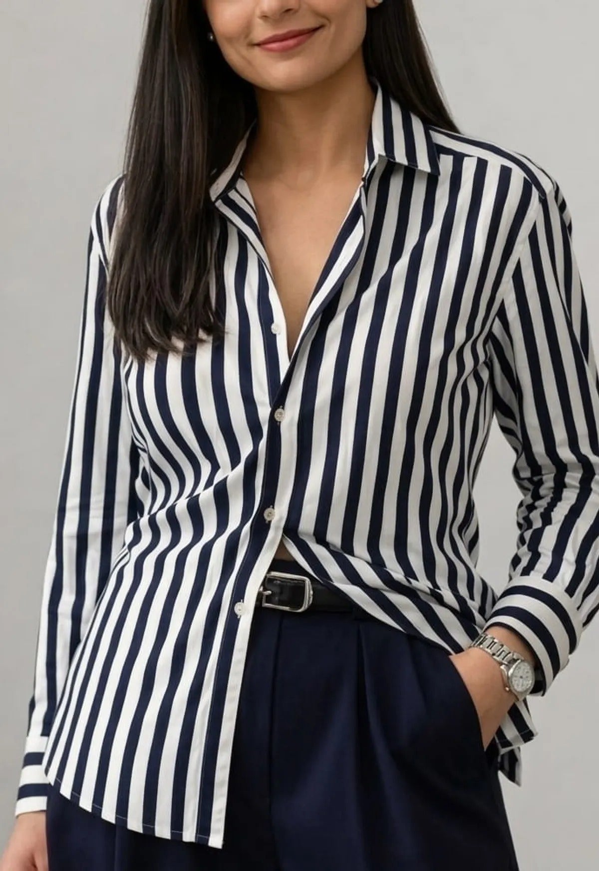 Women's Classic Blue, Grey, Blue, and White Fine Striped Button-Down Cotton Shirt