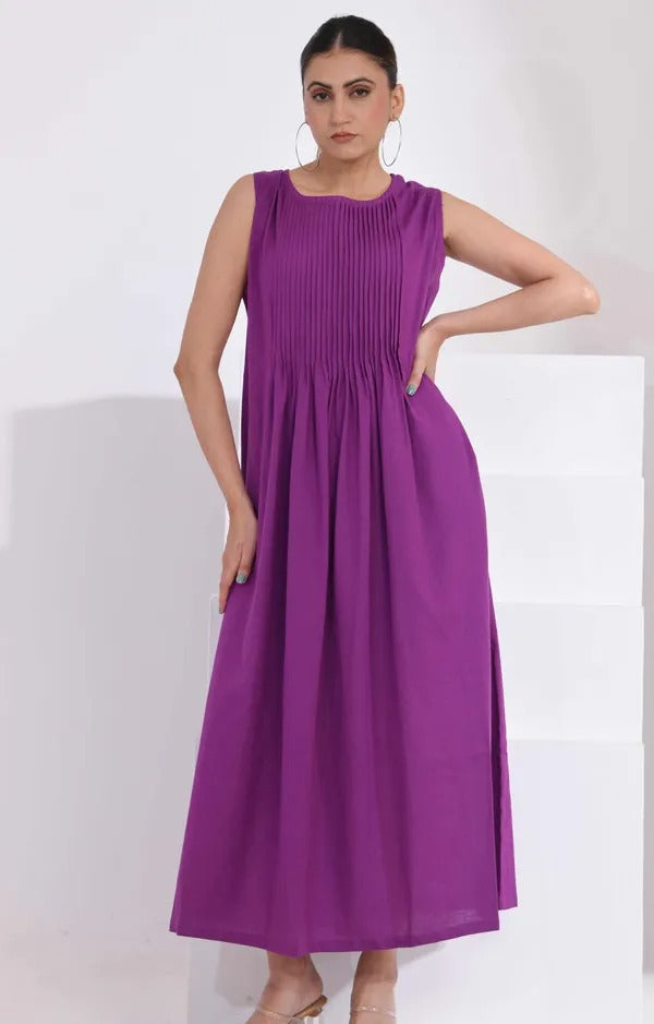 Women Elegant Purple Sleeveless Maxi Dress with Pin-Tuck Detail and Pockets