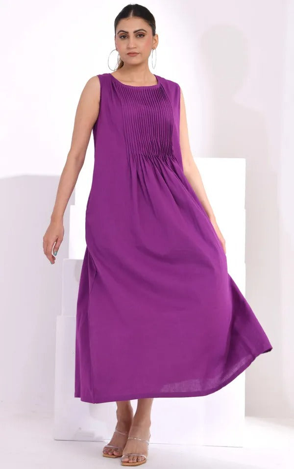 Women Elegant Purple Sleeveless Maxi Dress with Pin-Tuck Detail and Pockets