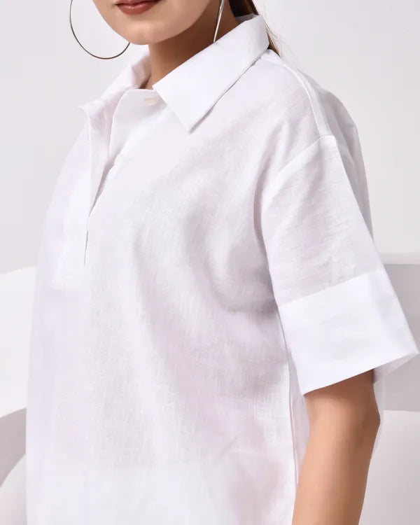 Women's White Linen Blend Half-Sleeve Shirt – Relaxed Fit for Comfort