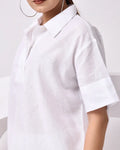 Women's White Linen Blend Half-Sleeve Shirt – Relaxed Fit for Comfort