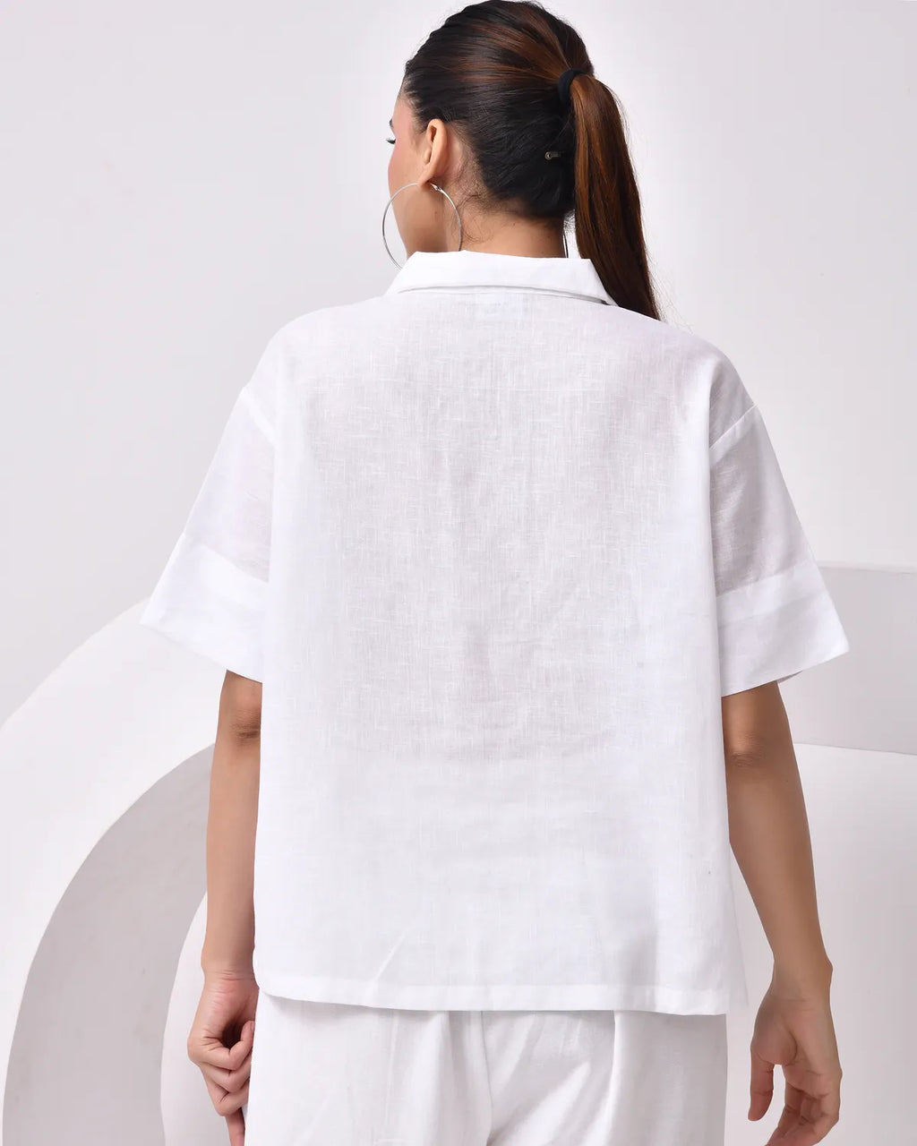 Women's White Linen Blend Half-Sleeve Shirt – Relaxed Fit for Comfort