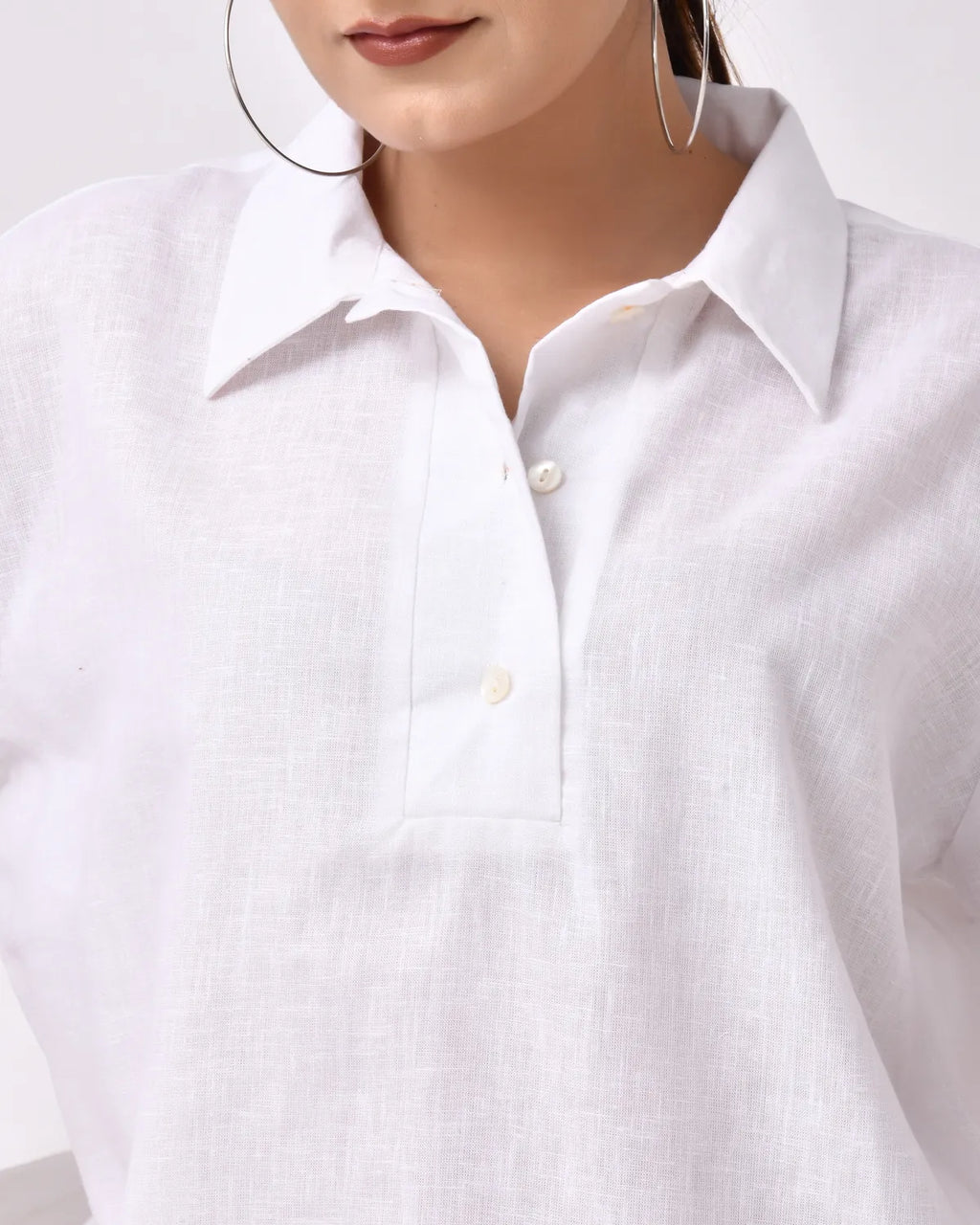 Women's White Linen Blend Half-Sleeve Shirt – Relaxed Fit for Comfort
