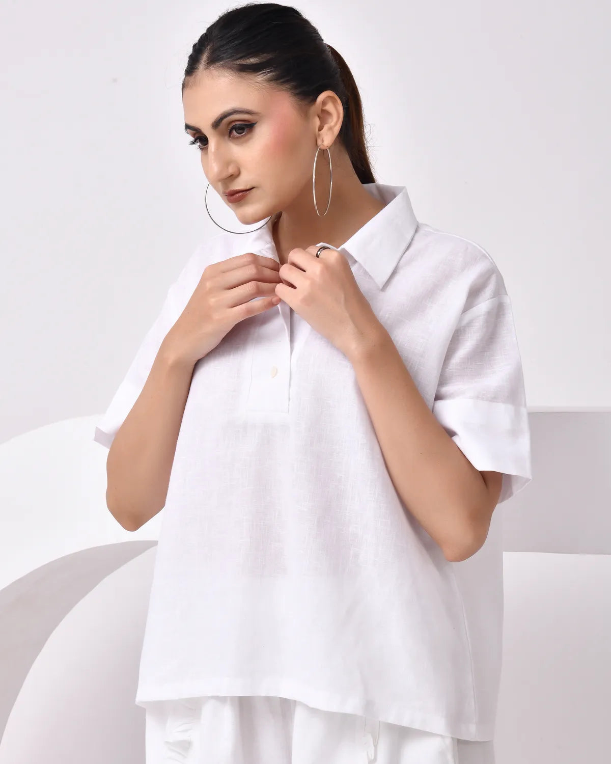 Women's White Linen Blend Half-Sleeve Shirt – Relaxed Fit for Comfort