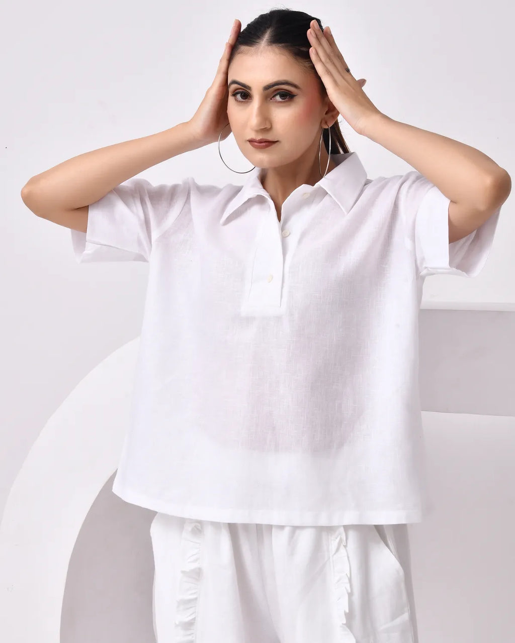 Women's White Linen Blend Half-Sleeve Shirt – Relaxed Fit for Comfort