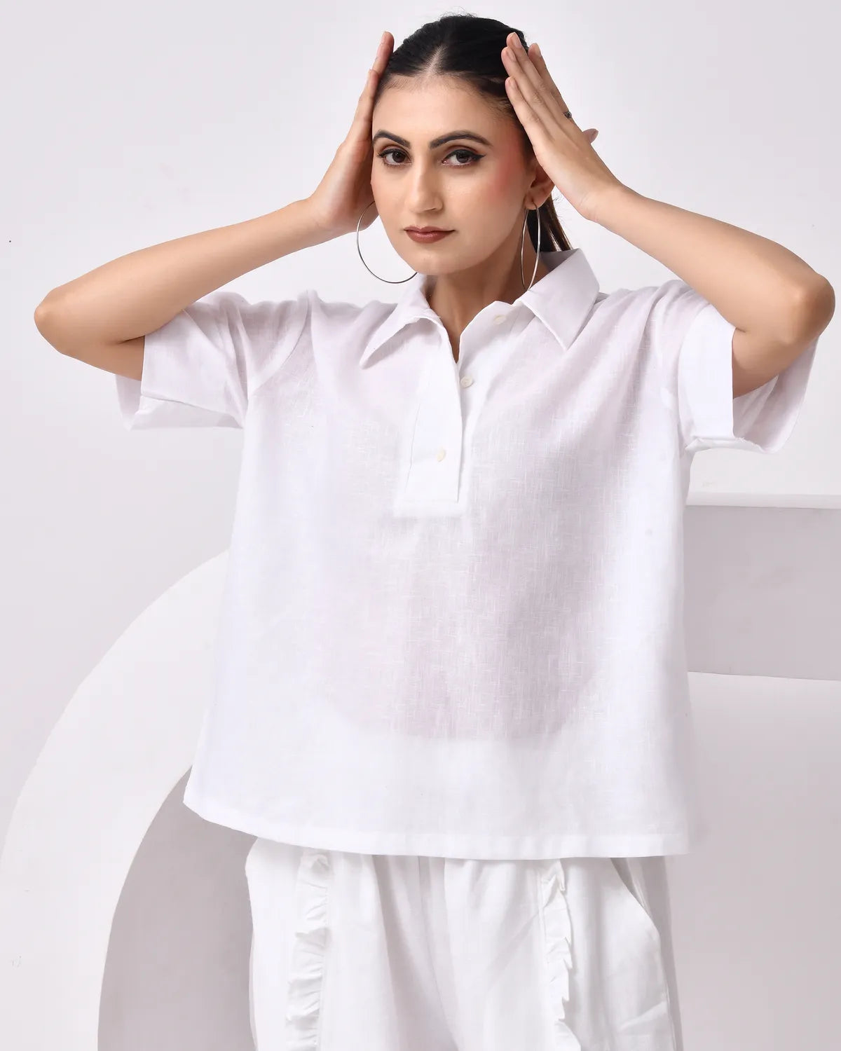 Women's White Linen Blend Half-Sleeve Shirt – Relaxed Fit for Comfort