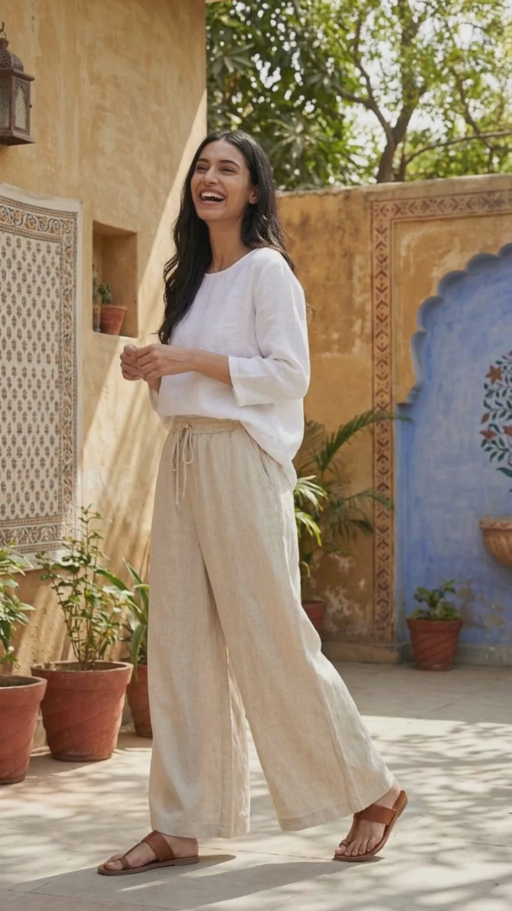 Wide Leg Tie-Up Cotton Flex Pant- Ivory