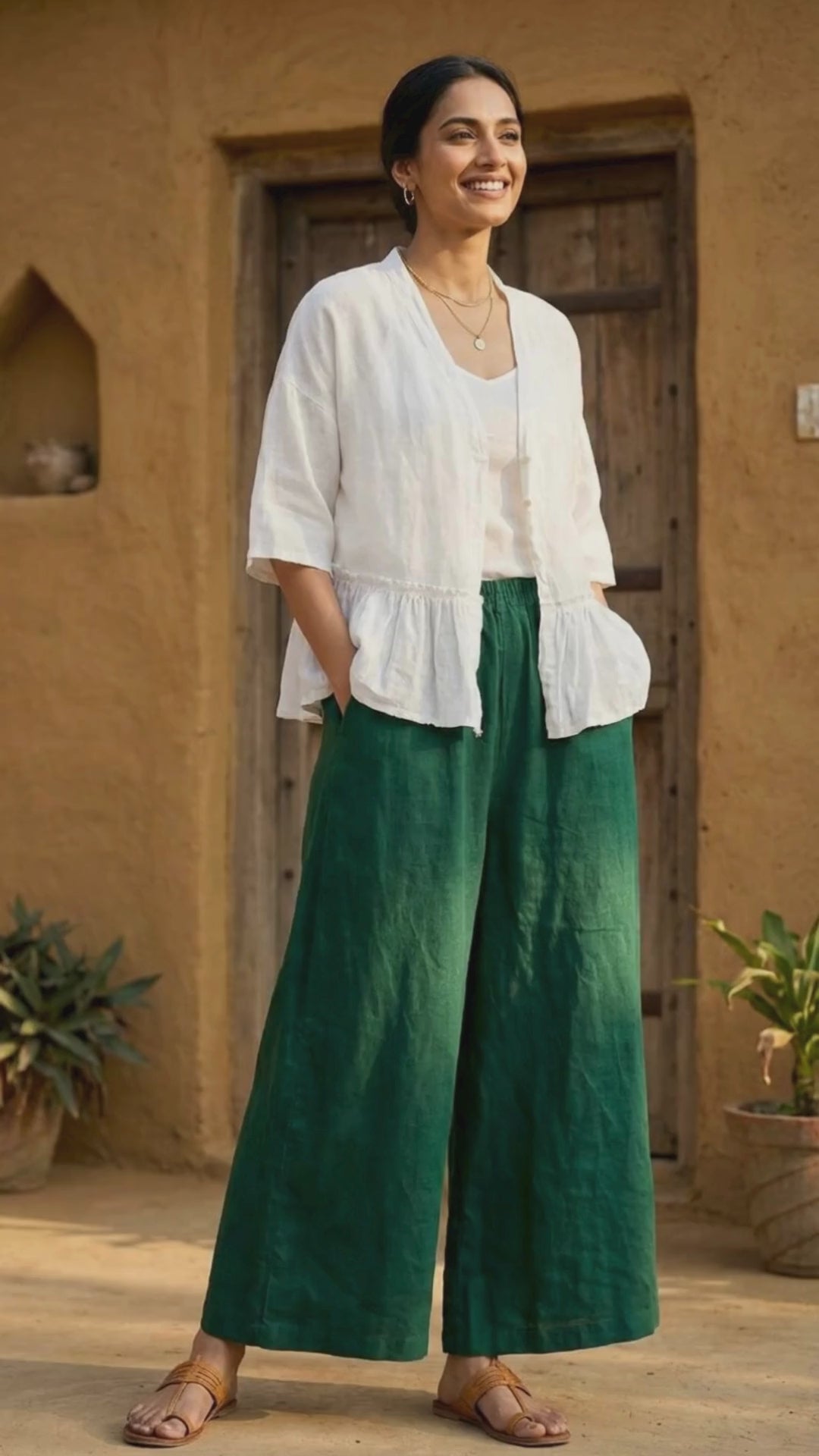 White Pure Linen Shoulder Down Women's Top