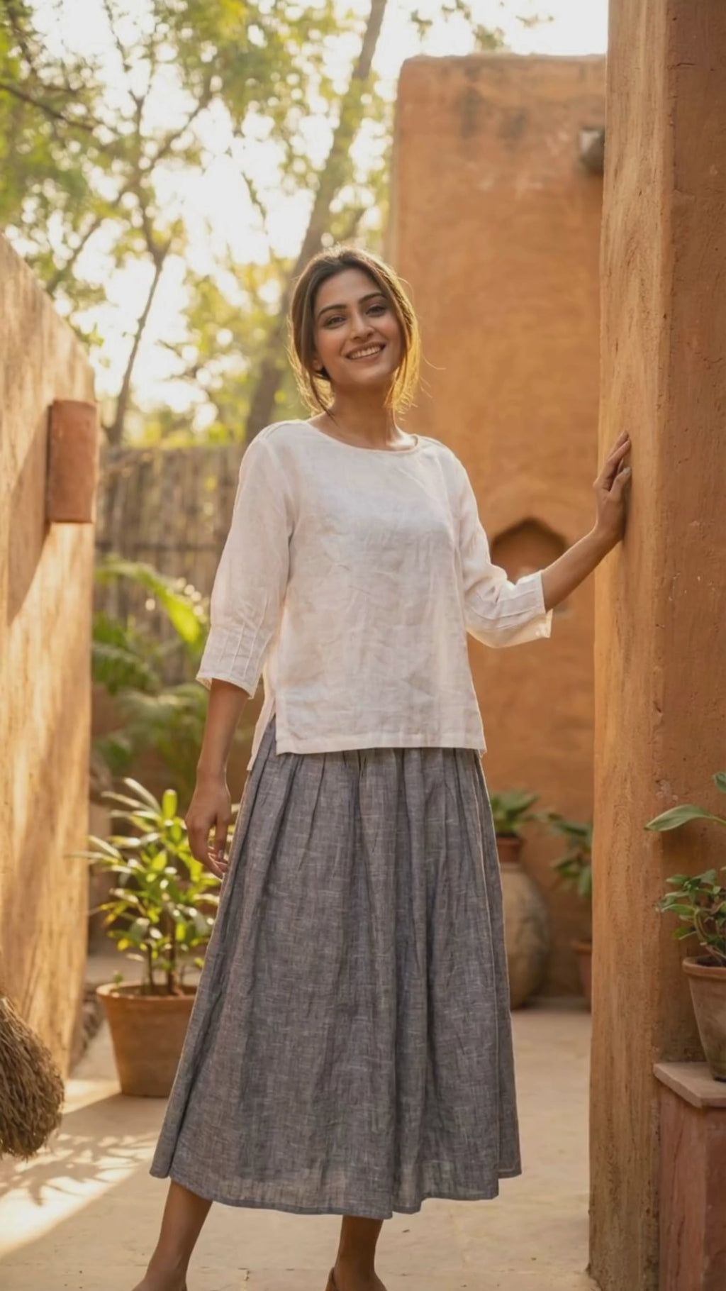 White Premium Pintuck Linen Blend Top for Women