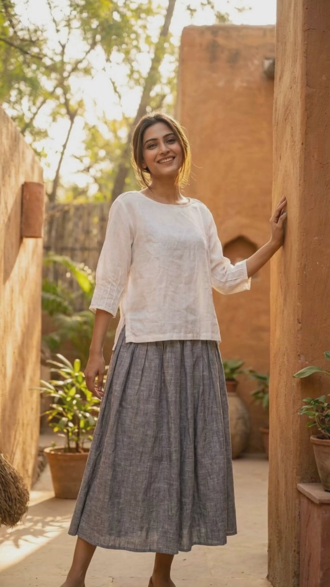 White Premium Pintuck Linen Blend Top for Women