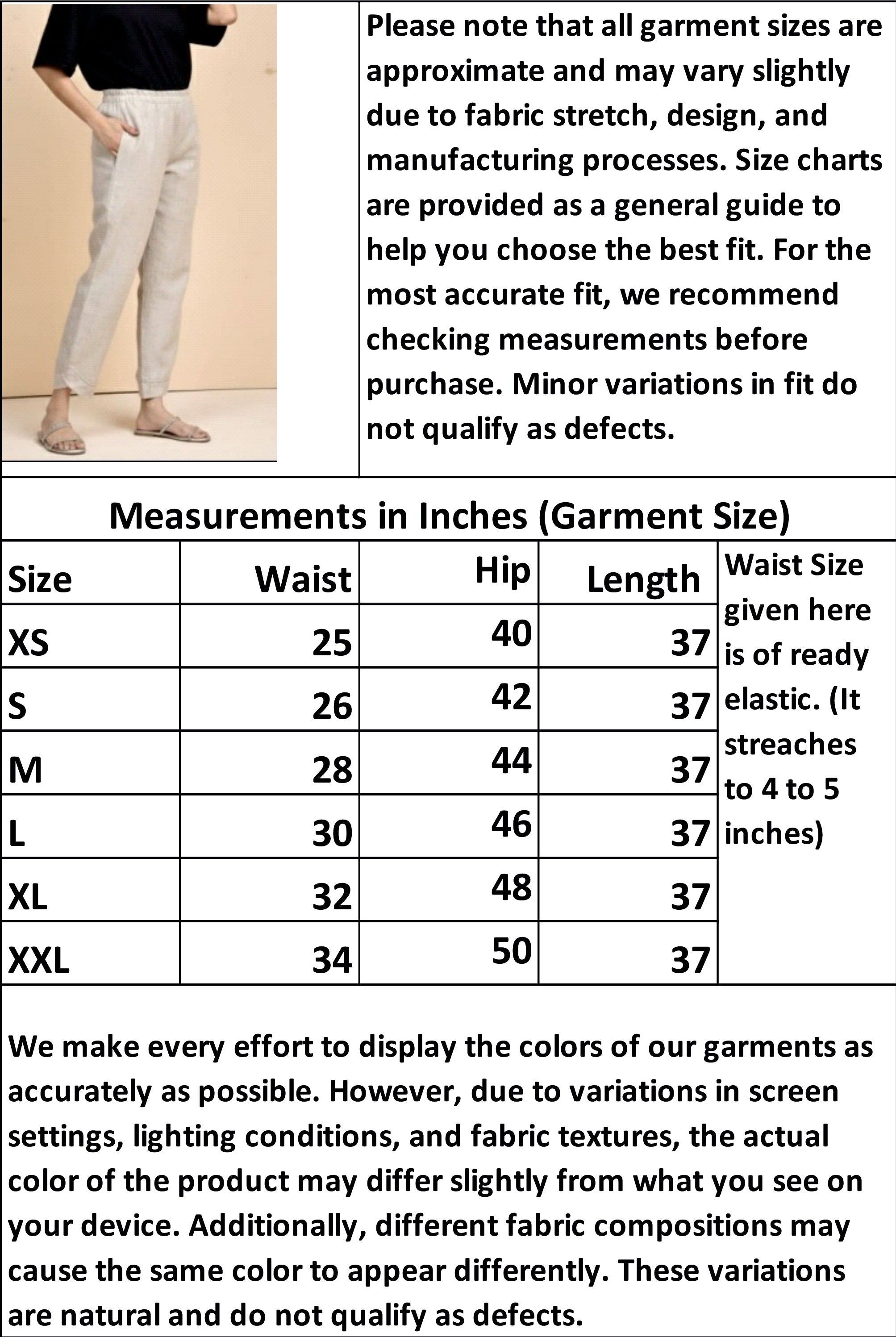 Women’s Pure Linen Solid Beige Elastic Waist Pants with Pockets