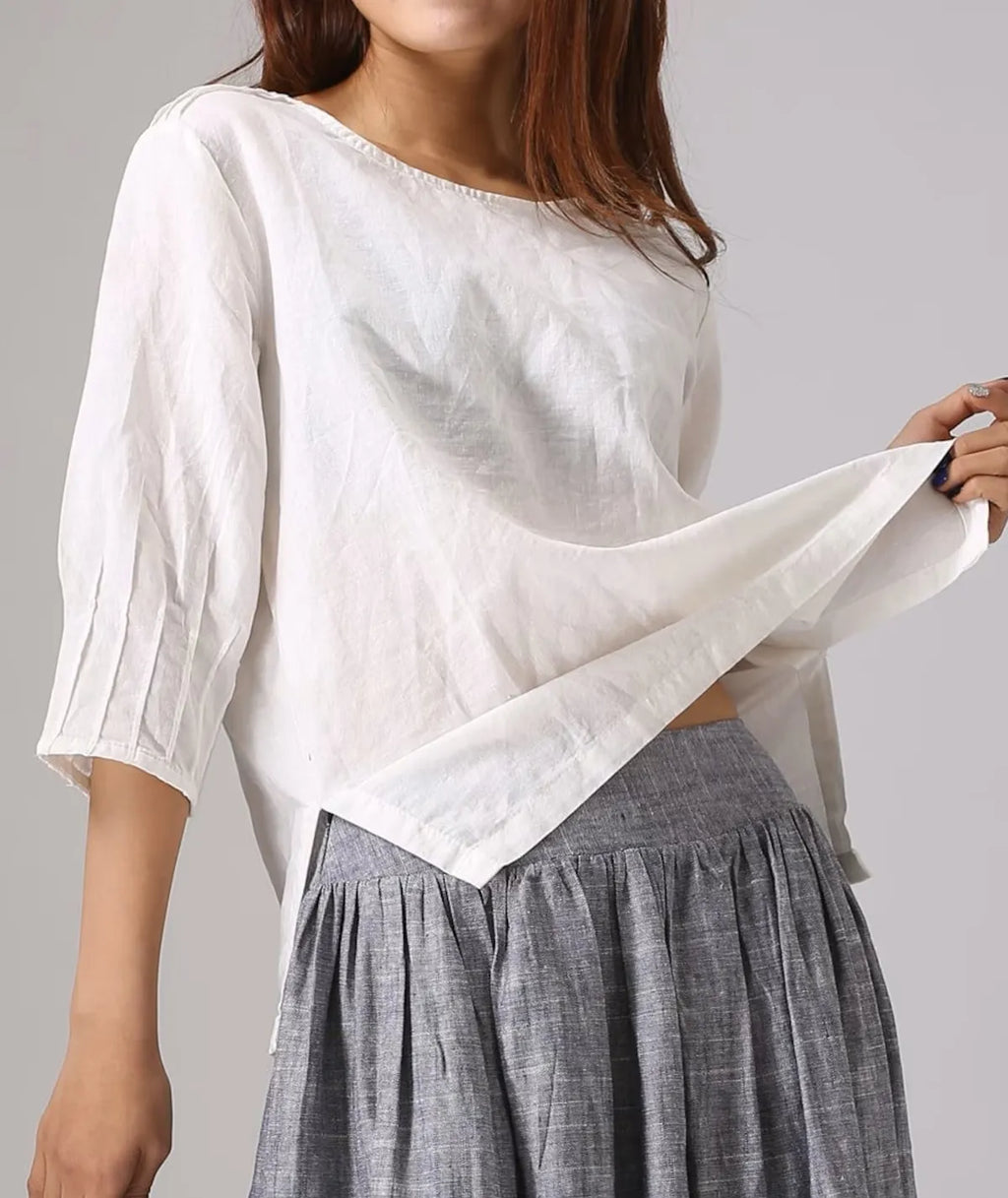 White Premium Pintuck Linen Blend Top for Women