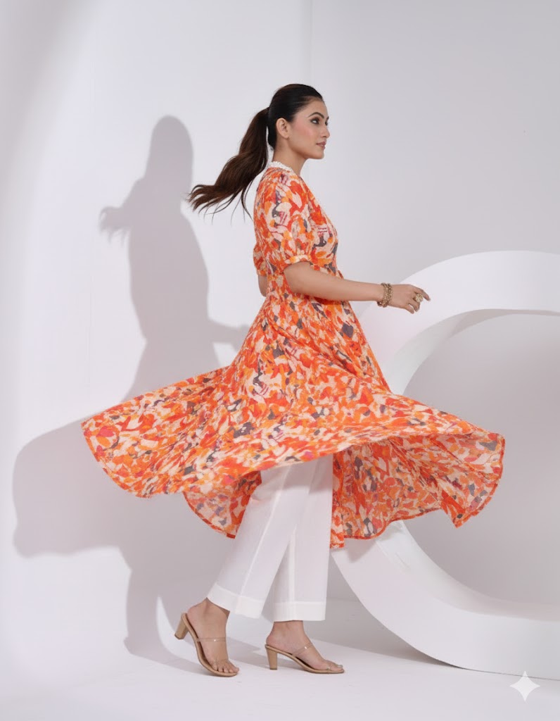 Flared Printed Dress with Lace Detailing at Neck