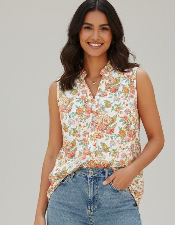 Cotton Printed Sleeveless Shirt with Frills at Neck