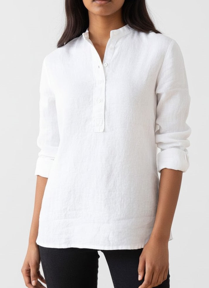 White Stand Collar Pure Linen Shirt for Women
