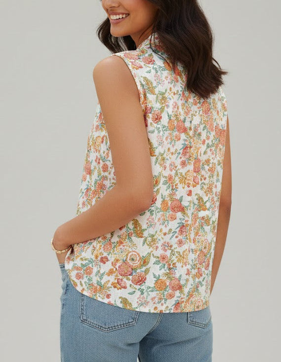 Cotton Printed Sleeveless Shirt with Frills at Neck