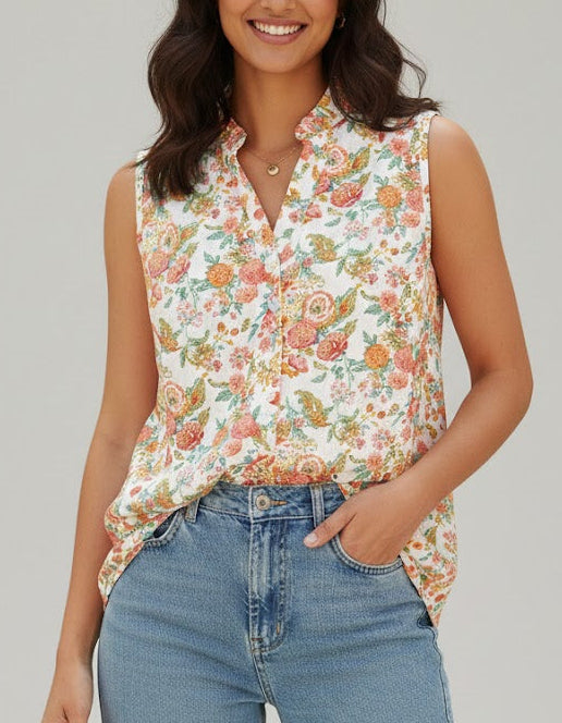Cotton Printed Sleeveless Shirt with Frills at Neck