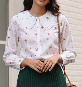 Floral Printed Baby Collar Shirt with Lace detailing at Collar and Sleeve