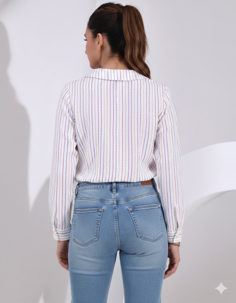 Baby Collar Full Shirt in White Stitching Detailed Fabric