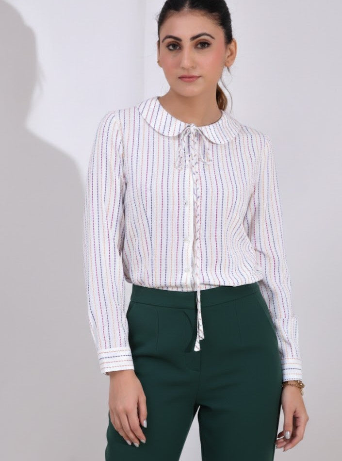 Baby Collar Full Shirt in White Stitching Detailed Fabric