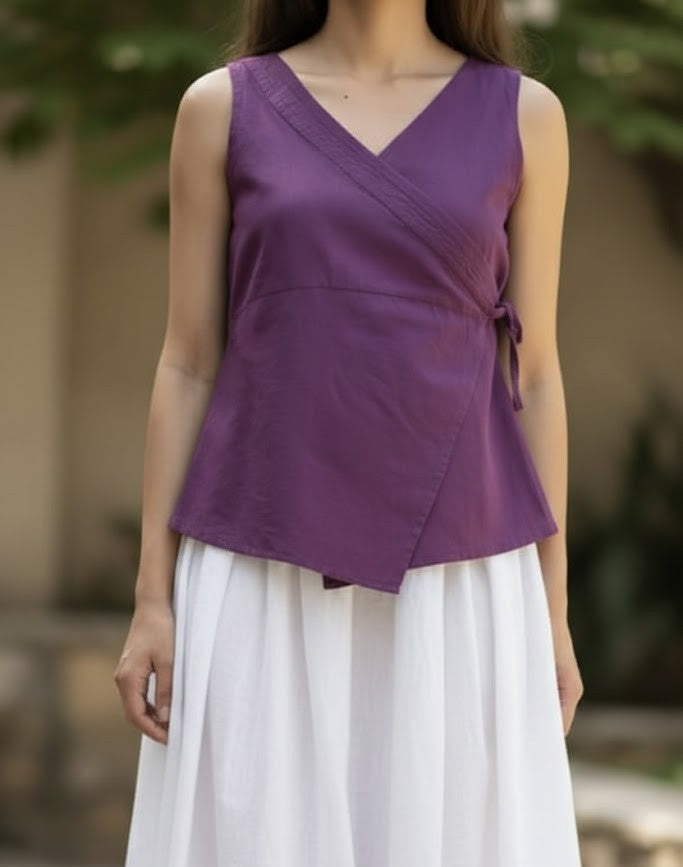 Sleeveless Angrakha Styled Top in Cotton -Blue, Purple and Green