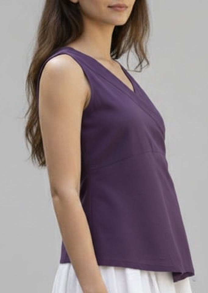 Sleeveless Angrakha Styled Top in Cotton -Blue, Purple and Green
