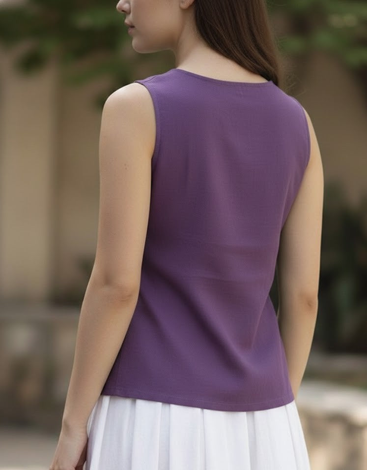 Sleeveless Angrakha Styled Top in Cotton -Blue, Purple and Green