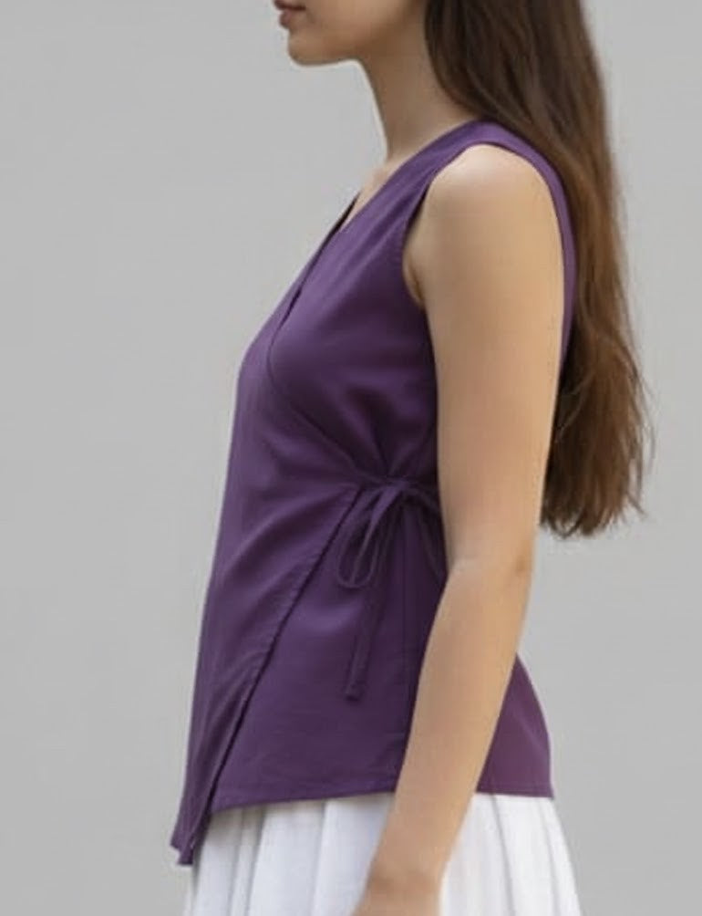 Sleeveless Angrakha Styled Top in Cotton -Blue, Purple and Green