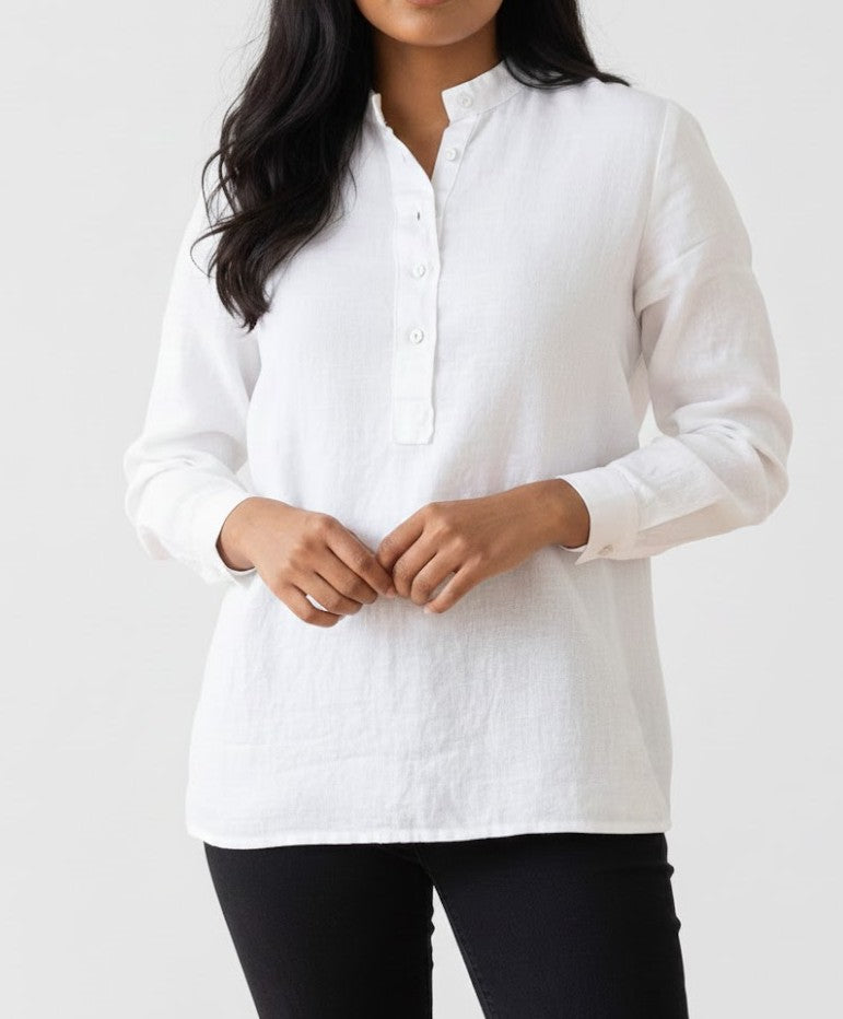 White Stand Collar Pure Linen Shirt for Women